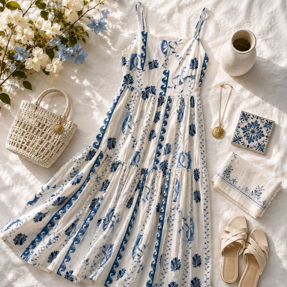 NWT Calypso St Barth Linen Blend Blue White Tiered Maxi Dress Medium Pockets